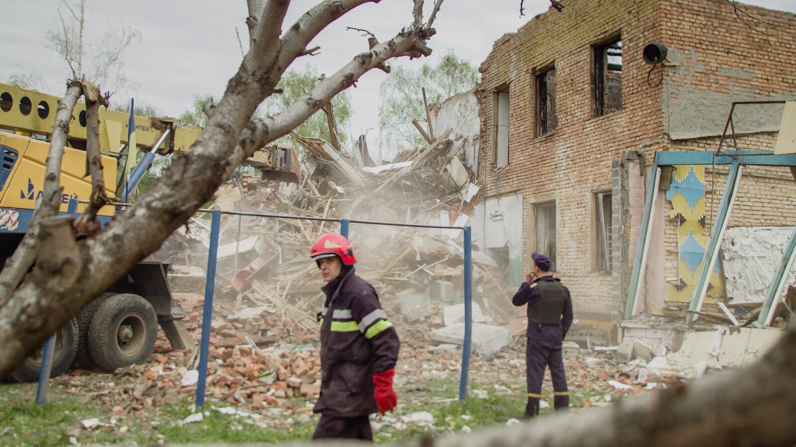 a group of people standing next to a tree that has fallen