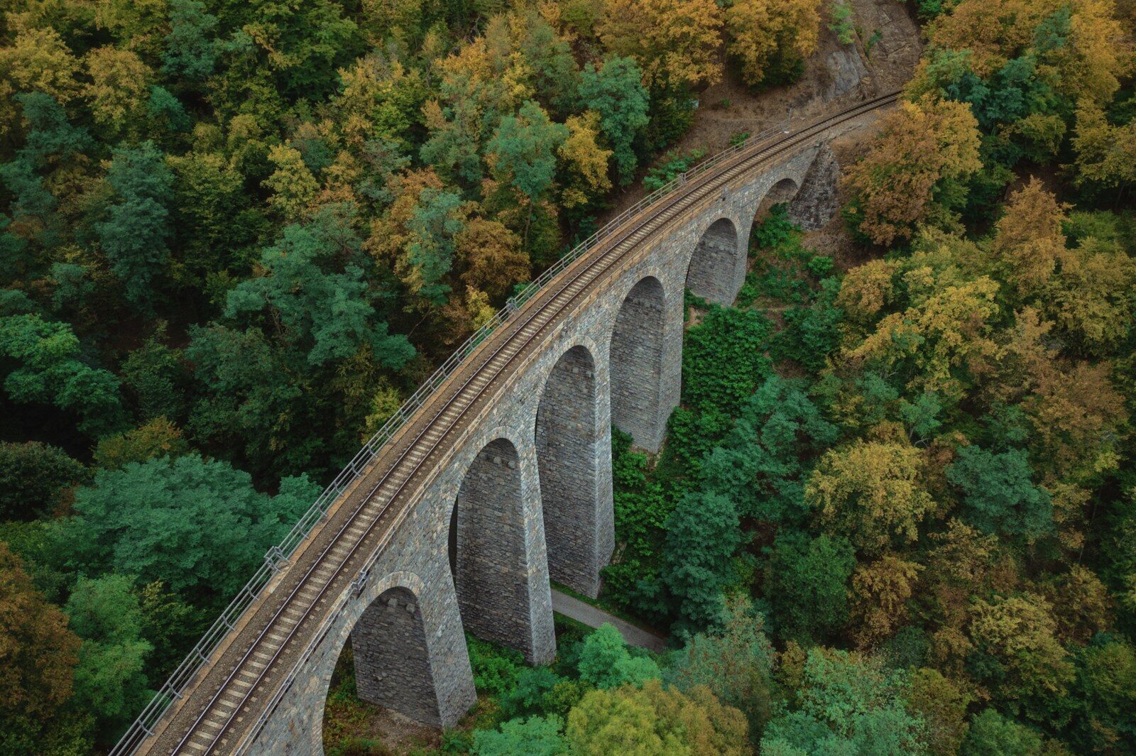 Photo by Mikhail Mamaev Stone railway viaduct arches through autumn forest.