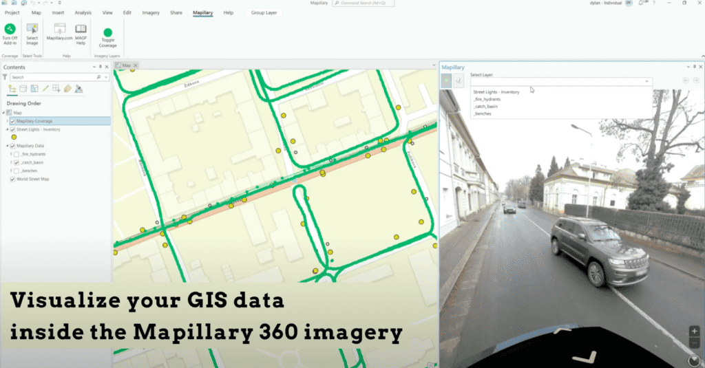 users of arcgis by esri can view their 360 street view imagery captured with Mosaic 360 cameras side by side GIS data 