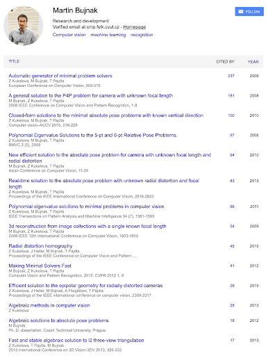 Martin Bujnak and Zuzana Kukelova's publications on 3d reconstruction, algebraic geometry, pose estimation, and lens correction.