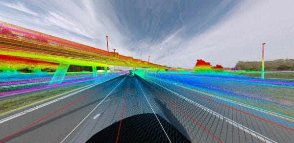 Location 1: Overlay of panorama, pointcloud colorised by a mixture of elevation and intensity values and extracted CAD linework (DTM).