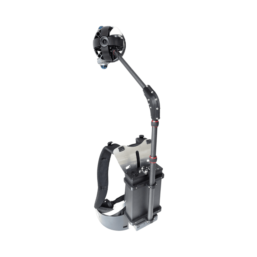 A rear facing viewing of the Mosaic Xplor - a 360º mobile mapping camera backpack with Lidar and GNSS